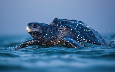 Obraz premium National Geographic Massive Leatherback Sea Turtle paddling effortlessly through the open ocean, its ancient shell covered in barnacles