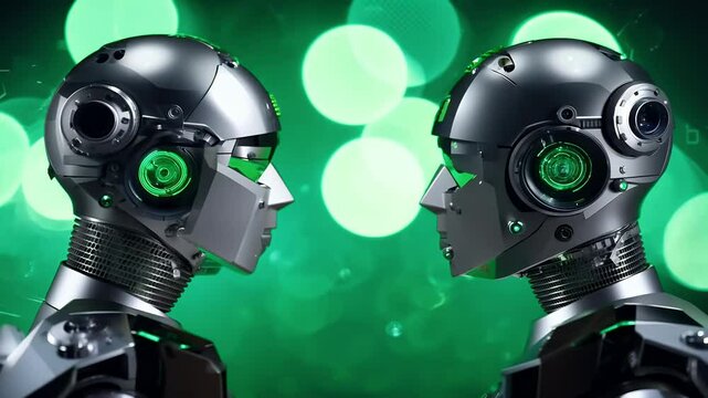 Animated footage presenting two highly detailed robotic ads mechanical precision illuminated green bokeh lights showcasing cutting edge motion graphics futuristic concepts