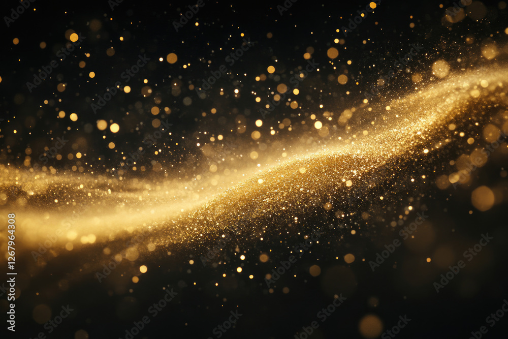 Poster a mesmerizing wave of golden glitter sparkles against a dark background, creating a luxurious and el