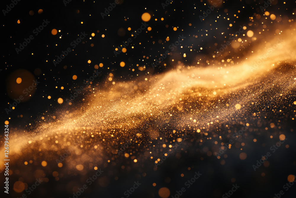 Poster golden glitter particles swirl in a dark background, creating a magical and luxurious effect.
