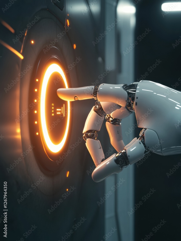 Leinwandbilder Robotic hand interacts with glowing virtual button in a futuristic environment at night. Generative AI
