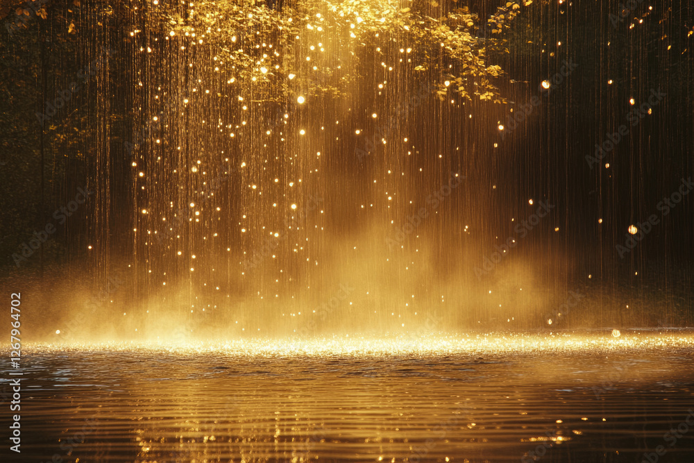 Poster golden rain falling on a calm lake, creating a magical, ethereal scene.