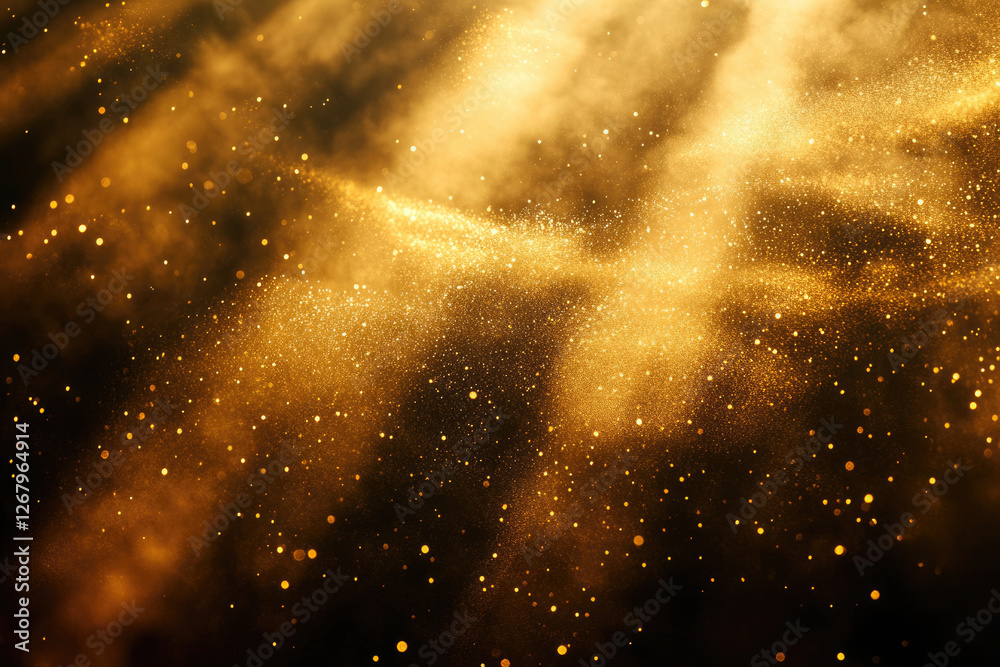 Poster Golden glitter particles floating in dark space, creating a magical, luxurious and sparkling effect.