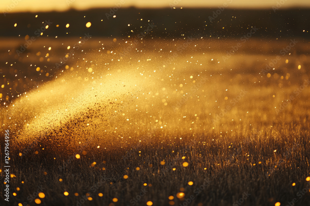 Aufkleber golden hour dust explosion over a field of grass, illuminated by the setting sun.