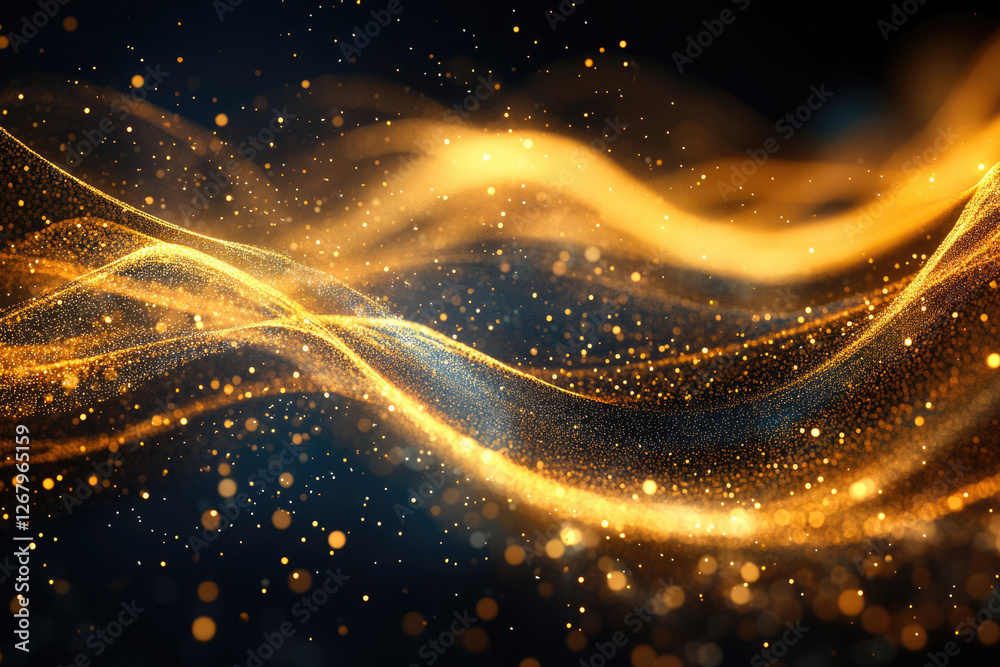 Poster Golden particles flow like waves in a dark space, creating a mesmerizing abstract background.