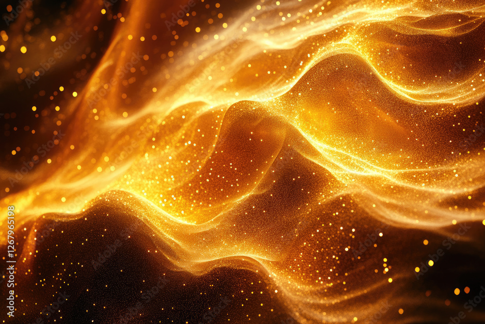 Poster golden glittering waves flow and shimmer, creating a luxurious, abstract background.