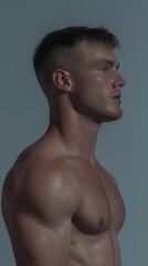 Fototapeta premium A muscular White man stands confidently in profile, highlighting his toned physique and strong facial features in a studio setting