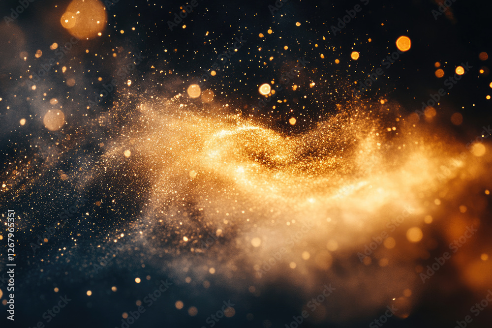 Poster a swirling vortex of golden glitter and bokeh lights against a dark background, creating a magical, 