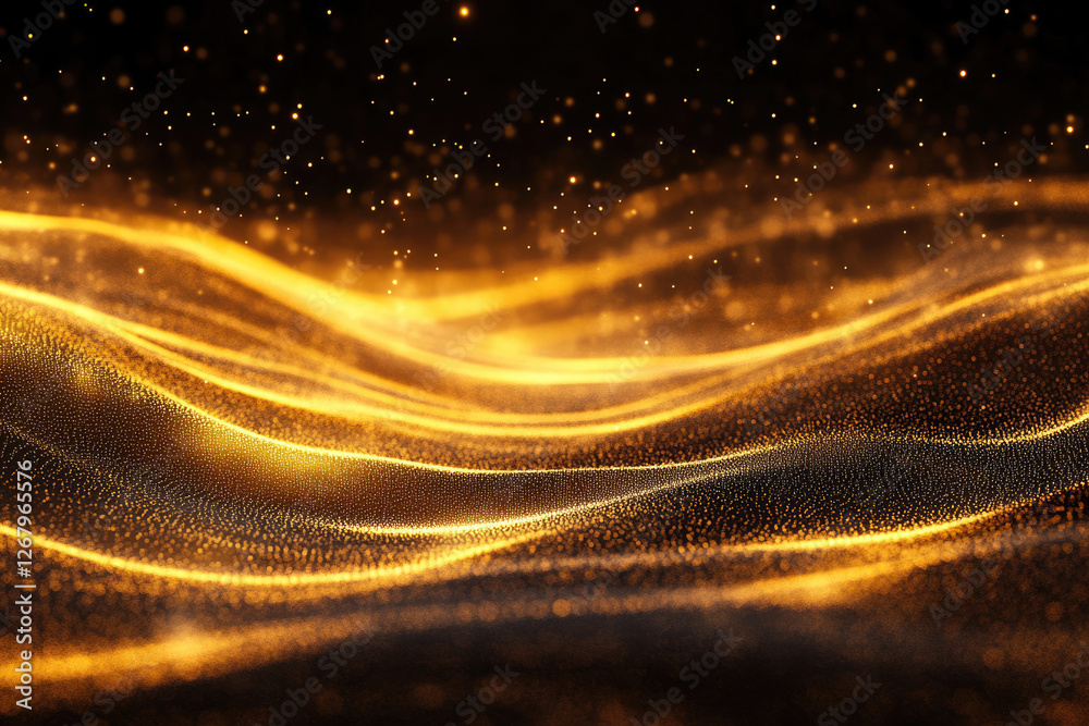 Poster abstract golden particles flowing like waves in a dark background, creating a luxurious and elegant 