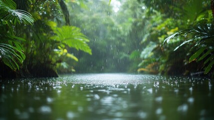 Fototapeta premium Rain falling softly on a tranquil river surrounded by dense jungle vegetation
