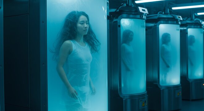 Woman in cryogenic chamber for hibernation. Futuristic medical facility with multiple pods. Science fiction concept of suspended animation for space travel or longevity - Powered by Adobe