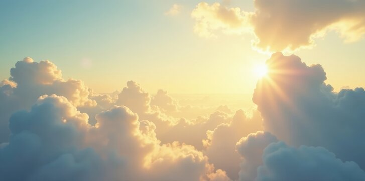 Soft golden light filters through puffy white clouds, natural light, warm glow, sky