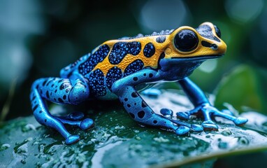 Obraz premium National Geographic Vibrant Poison Dart Frog resting on a wet jungle leaf, tiny limbs glowing in neon shades of blue and yellow