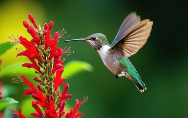 Fototapeta premium National Geographic Tiny Hummingbird hovering beside a bright red flower, wings beating rapidly, sunlight catching iridescent green feathers