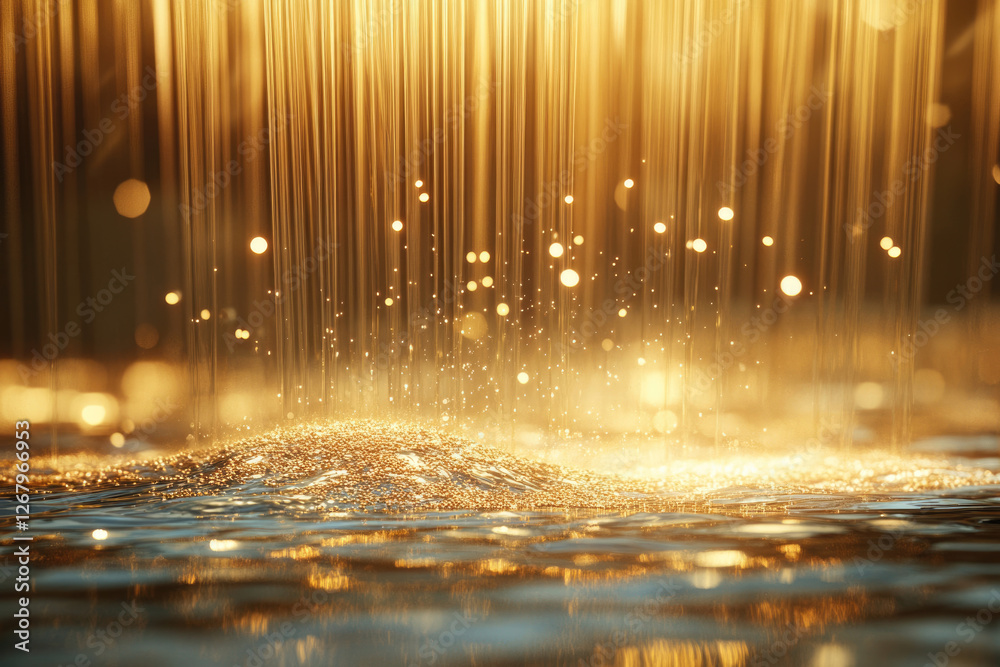 Poster golden liquid sparkles as light streams down, creating a mesmerizing, ethereal scene.