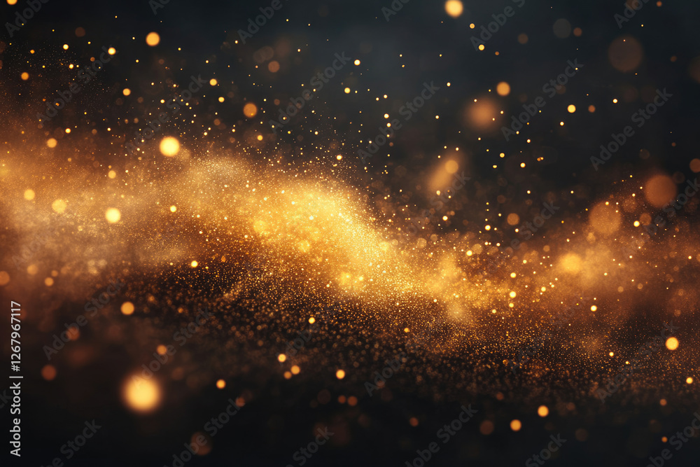 Poster a mesmerizing cosmic swirl of golden dust and shimmering particles against a dark backdrop.