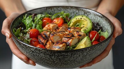 Woman holding healthy chicken salad bowl