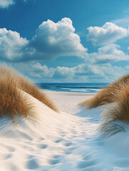 Serene beach path through soft sand dunes at midday