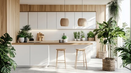 Stylish Scandinavian kitchen with white cabinetry, wooden accents, and potted plants.