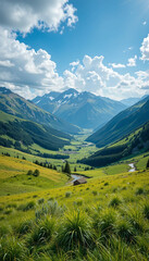 Fototapeta premium portrait scenery with beautiful green grass land and mountain range in the morning and copy space at the up 