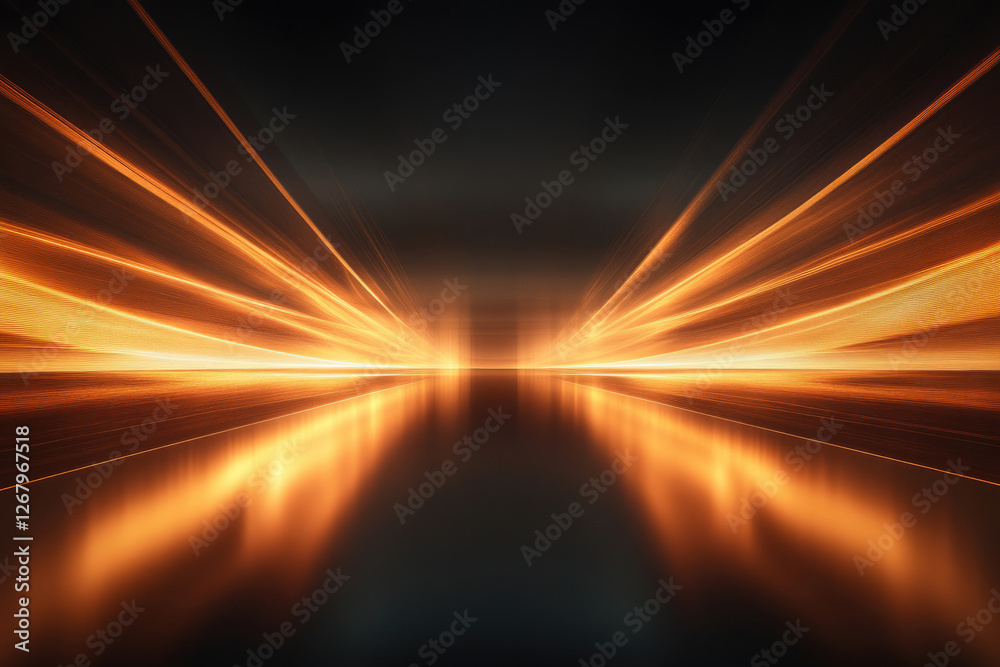 Aufkleber Abstract image of converging orange light streaks creating a sense of speed and movement on a reflective surface.