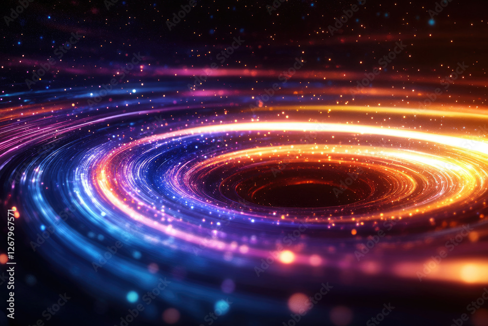 Poster abstract swirling cosmic nebula with vibrant colors and glowing particles, depicting a celestial vor