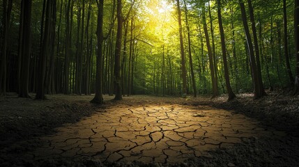 Fototapeta premium This image captures a vibrant forest with dappled sunlight filtering through trees onto parched earth, highlighting the dire effects of drought in a striking visual narrative.