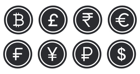 Currency Symbol Set. Global Money Icons Featuring Dollar, Euro, British Pound, Chinese Yuan, Franc, and Bitcoin