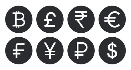 Popular Currency Symbols Collection. Dollar, Euro, British Pound, Chinese Yuan, Franc, and Bitcoin Icons. Vector Design