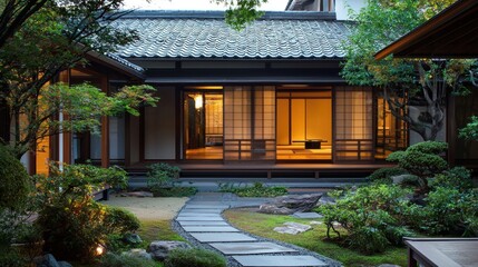 Fototapeta premium Traditional Japanese house with sliding doors and a Zen garden.
