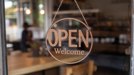 An open sign hanging in a store window invites customers