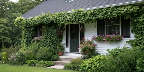A house with a green ivy covered front. The house has a white door and a black door. The front of the house has a lot of flowers and plants