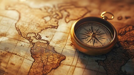 Vintage compass resting on an old world map, with soft sunlight casting warm shadows. © Marina