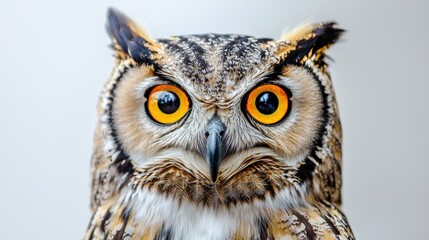 Obraz premium Wise owl with piercing yellow eyes staring intensely on a crisp white background.