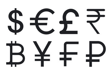 International Money Icon Set. Dollar, Euro, British Pound, Chinese Yuan, Franc, and Bitcoin Signs. Vector Art