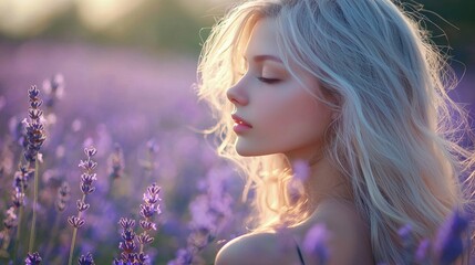 , Woman with platinum blonde hair standing in a field of lavender, the flowers swaying in the breeze.