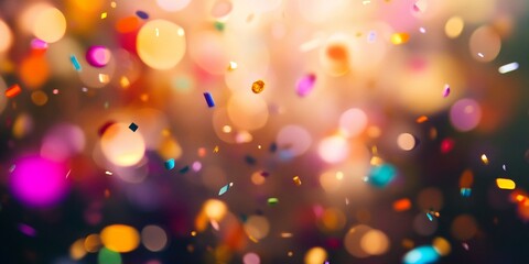 Joyful Party Scene with Vibrant Confetti, Golden and Rainbow Lights, Cinematic Bokeh Effect, High-Energy Celebration Atmosphere