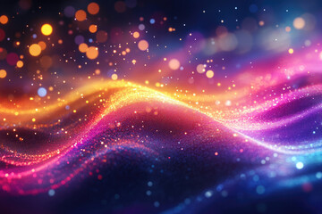 Obraz premium Vibrant, colorful particles flow in wave patterns, creating a mesmerizing, abstract digital art piece.