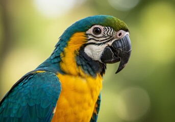 Close-up photograph of a blue-and-yellow macaw with vibrant feathers, dark expressive eyes, and a natural setting with sunlight filtering through trees.

