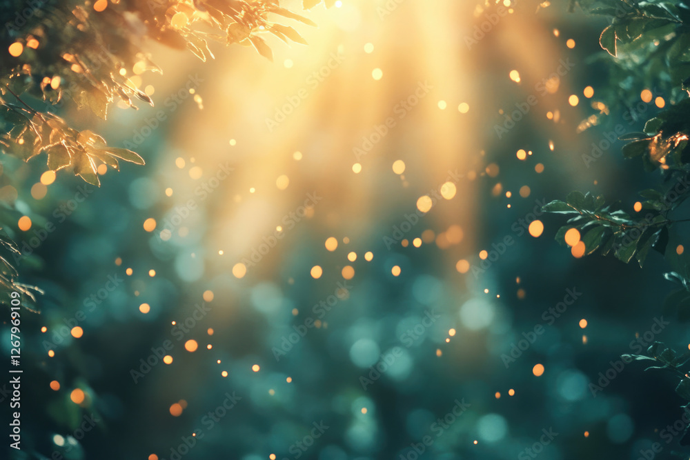 Poster golden sunlight filters through leaves, creating a magical, bokeh-filled forest scene.