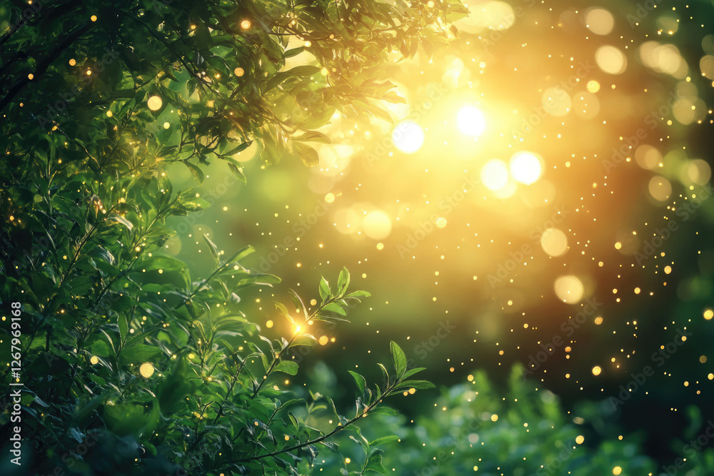 Aufkleber magical sunset scene in a lush forest with fireflies illuminating the leaves and creating a dreamy a