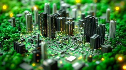 Obraz premium City landscape, a green city with tall buildings and skyscrapers made of black electronic components and microchips.
