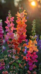Obraz premium Colorful gladiolus flowers glowing in sunset light