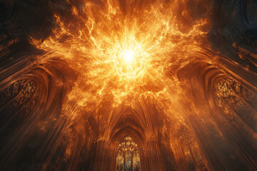 Fiery explosion of light erupts from the ceiling of a gothic cathedral, illuminating its ancient architecture.