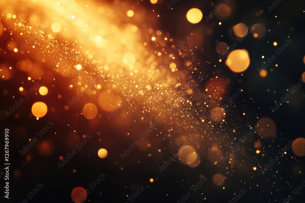 Poster Abstract golden bokeh lights, shimmering dust particles on dark background, creating a magical, festive atmosphere.