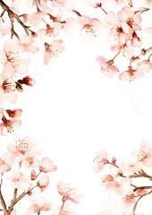 Fototapeta premium Watercolor Floral Frame with Soft Pink Cherry Blossoms and Delicate Brown Branches
