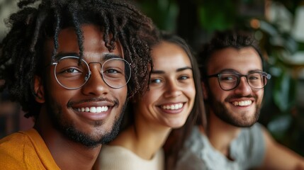 Fototapeta premium Three diverse young adults smiling together, showcasing genuine happiness and friendship.