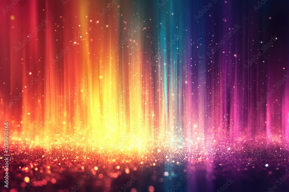 Poster vibrant rainbow light streaks illuminate glittering particles, creating a magical, ethereal scene.