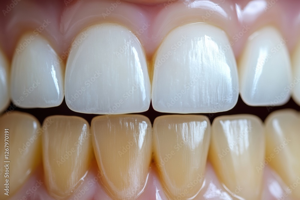 Poster before and after teeth whitening treatment displaying significant transformation in dental appearanc