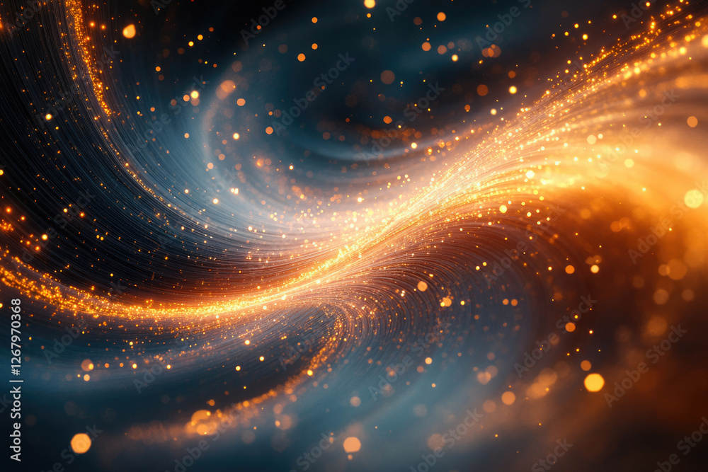 Poster Abstract swirling cosmic dust and glittering golden particles, creating a mesmerizing celestial scene.